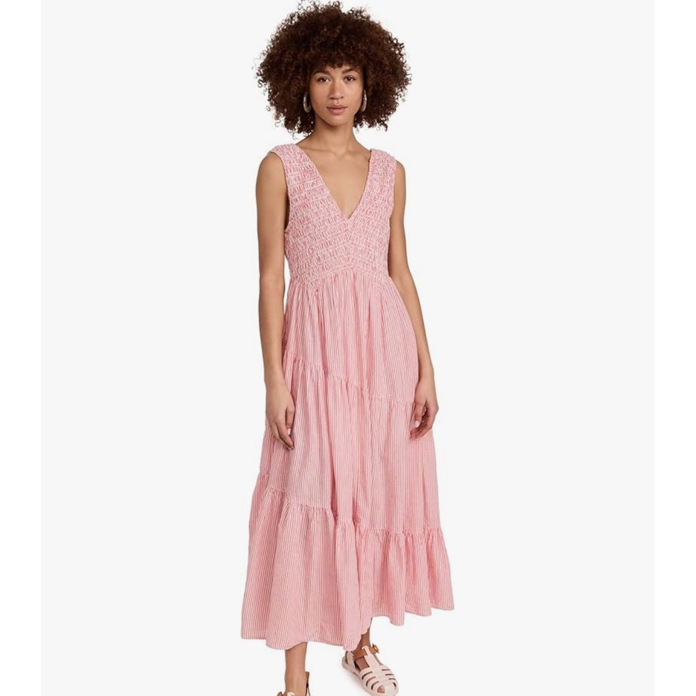 Free People Pink Striped 100% Cotten Tiered Maxi Dress - Picture 3 of 10